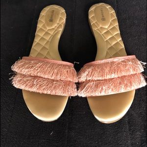 Birdies pink fringe slipper style slides